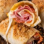 meat stromboli cut in half