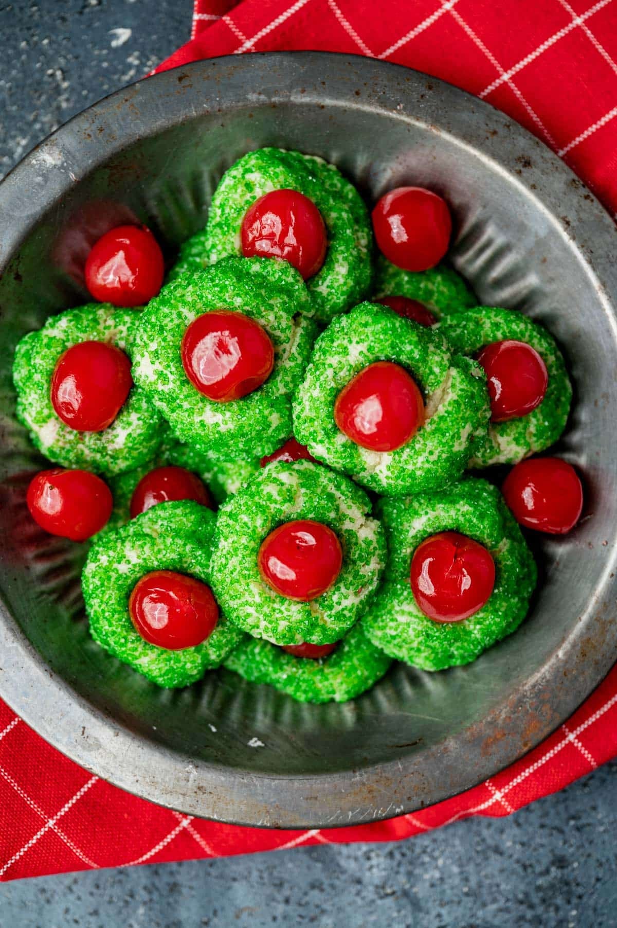 overhead view of cherry cream cheese cookies in a pan