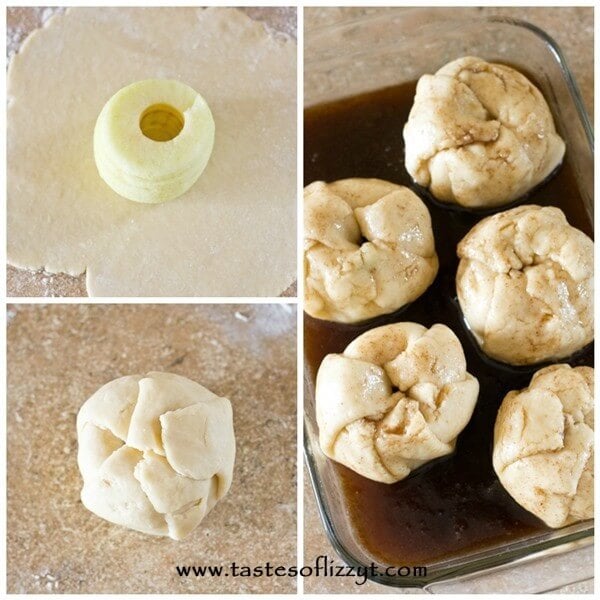 Amish Apple Dumplings are apples wrapped in a buttery, homemade dough and baked in a cinnamon-brown sugar syrup. One of the best apple recipes to make for a delicious fall dessert! photo collage showing how to make Amish apple dumplings from scratch