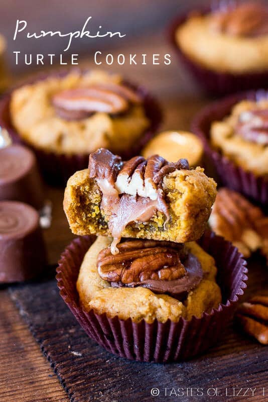 Your favorite chocolate candy turned into a pumpkin cookie. Pumpkin Turtle Cookies are soft and gooey with a nutty crunch.