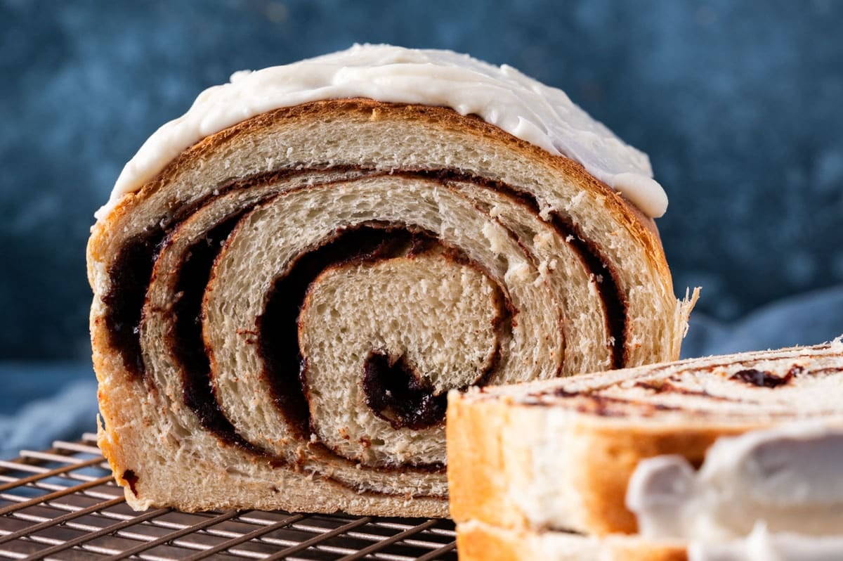 a loaf of cinnamon swirl bread on a table