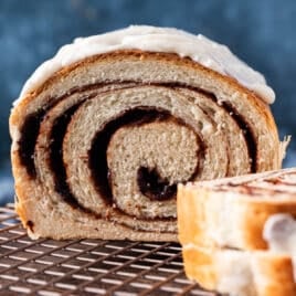 a loaf of cinnamon swirl bread on a table