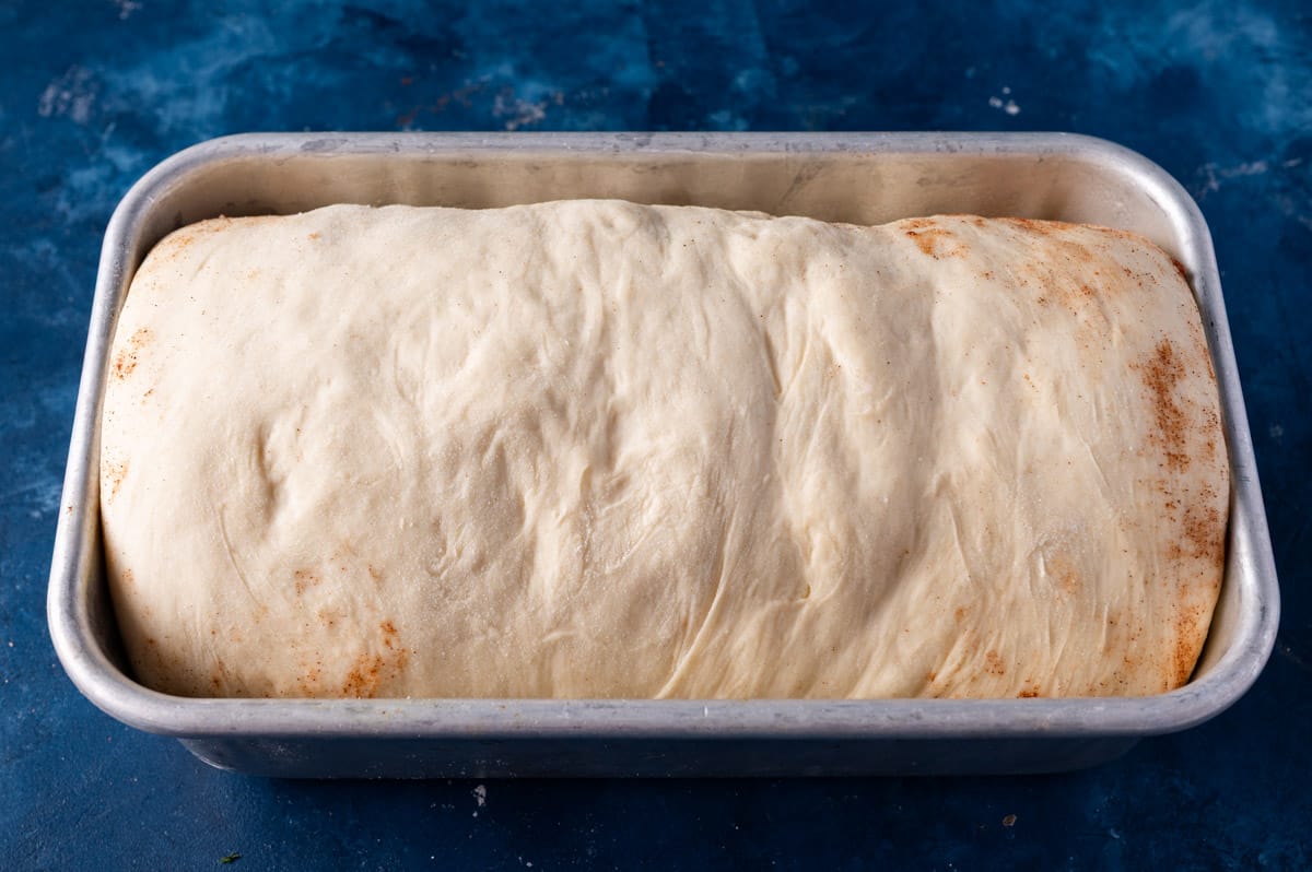 an unbaked loaf of cinnamon bread in a pan after rising