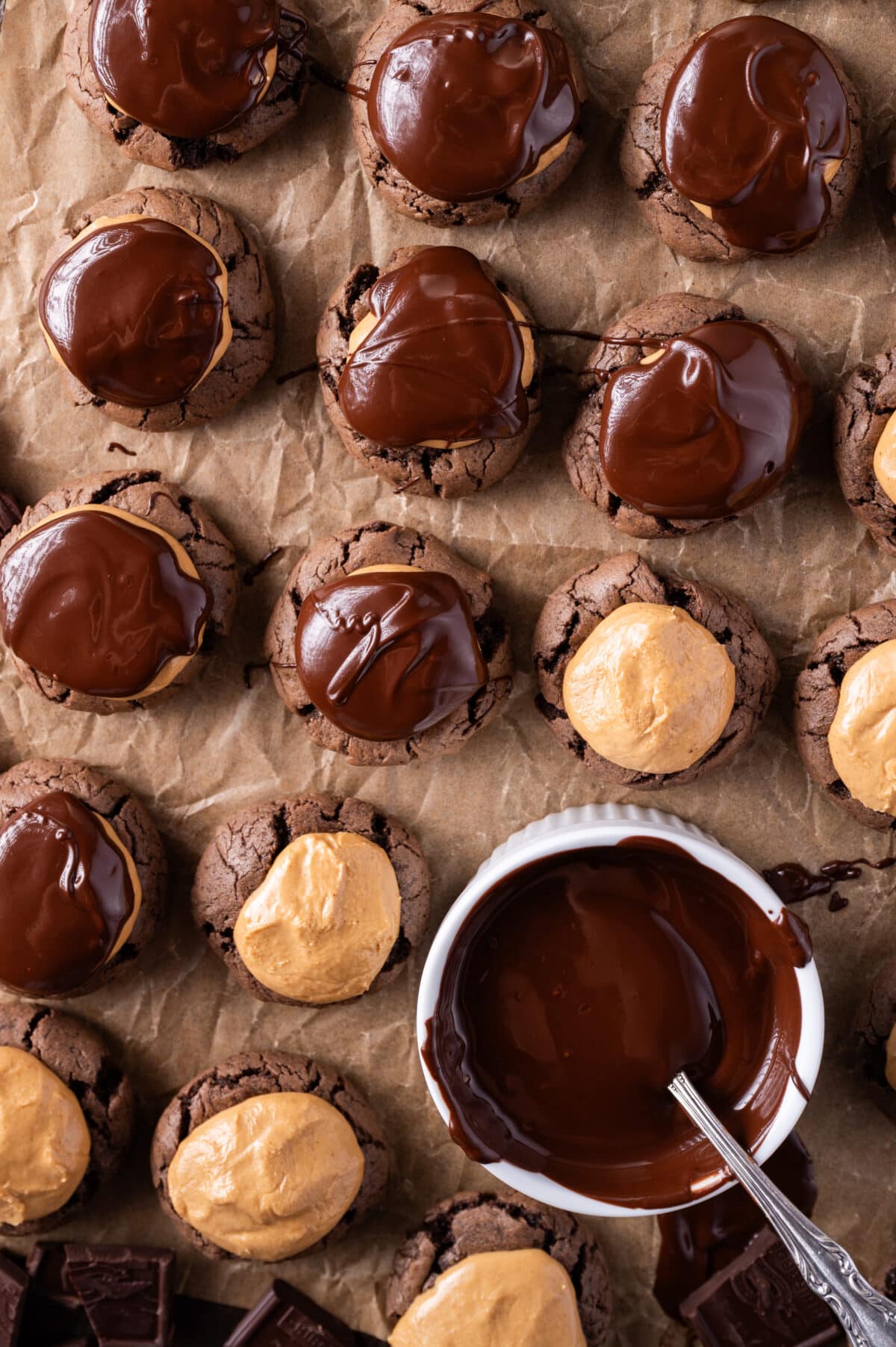overhead view of buckeye brownie cookies with chocolate on top