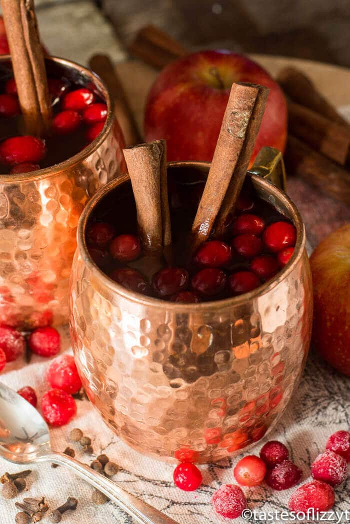 This Spiced Cranberry Apple Cider will make your taste buds dance! Simmer this mulled drink on the stove for 10 minutes and serve hot at your next holiday party. moscow mule mug full of spiced cranberry apple cider, garnished with whole cinnamon sticks and fresh cranberries