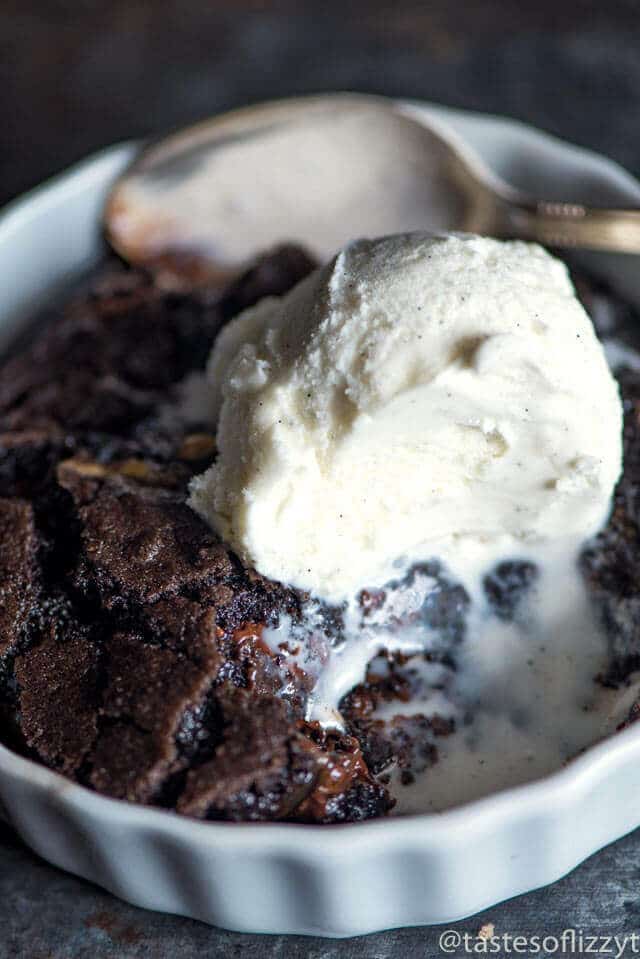 caramel brownies with ice cream in a bowl