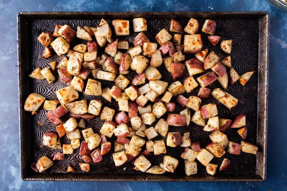roasted potatoes on a baking sheet
