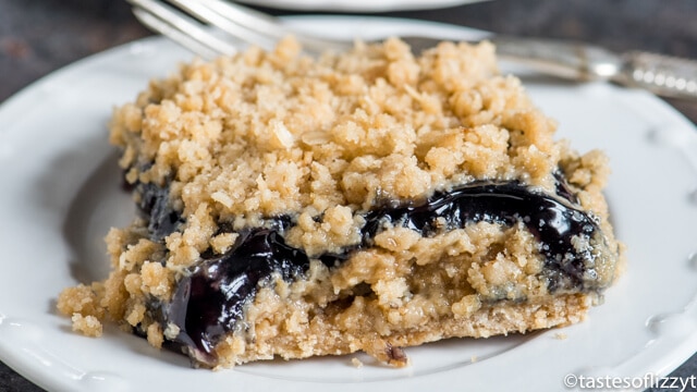 Only 6 ingredients and 10 minute prep time and these Blueberry Oatmeal Bars are ready for the oven. Similar to blueberry crisp, these are perfect with a scoop of ice cream!