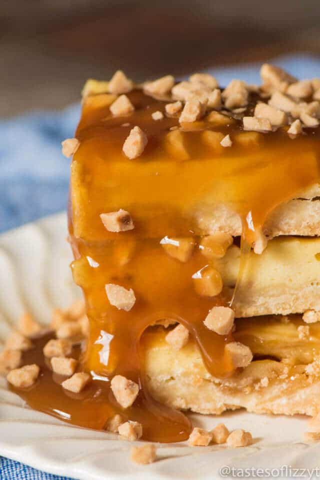 Looking for an easy dessert recipe for a potluck? Try these praline cheesecake bars with toffee bits and a shortbread crust. They're perfect on their own or with a scoop of ice cream drizzled with caramel.
