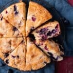 overhead view of blueberry raspberry cake