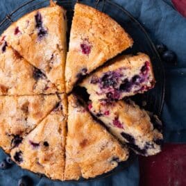 overhead view of blueberry raspberry cake