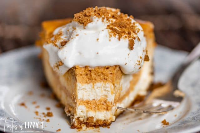 a slice of pumpkin swirl cheesecake with a bite out