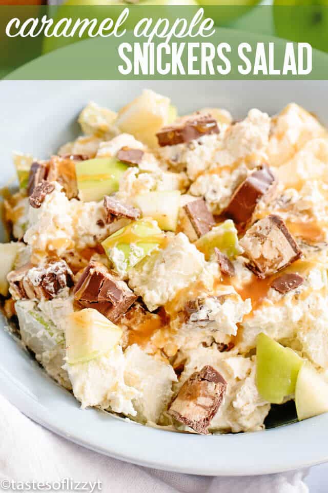 Surprise your guests with this sweet dessert salad filled with candy bars, caramel and apples. Snickers Apple Salad is an easy picnic side dish or dessert that everyone will love! titled image (and shown): Caramel Apple Snickers Salad