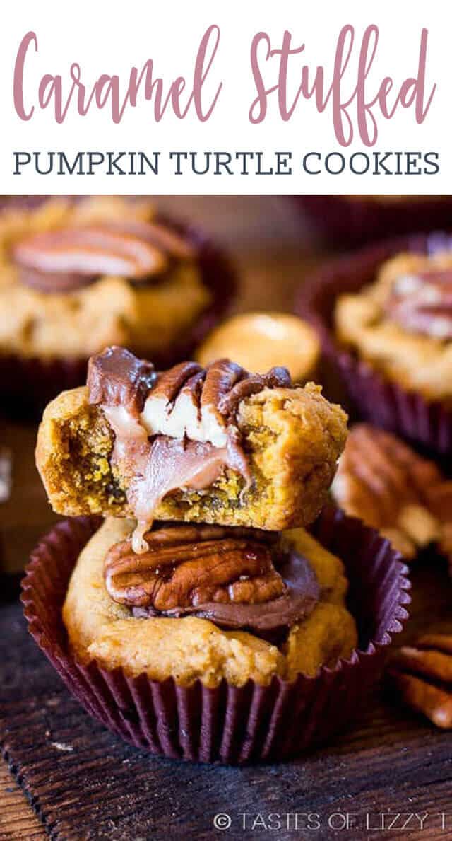 This Pumpkin Turtle Cookies recipe makes soft and gooey pumpkin cookies with a nutty pecan crunch. This easy pumpkin recipe is perfect for the holidays. photo of caramel stuffed pumpkin turtle cookies