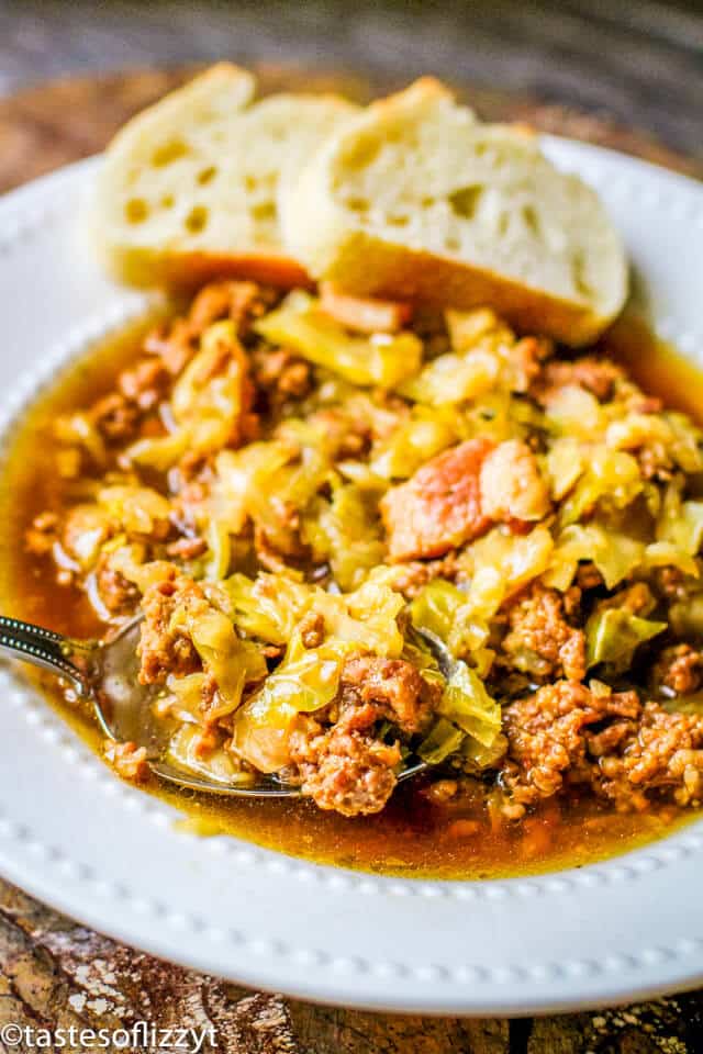 slow cooker sausage cabbage soup in a bowl