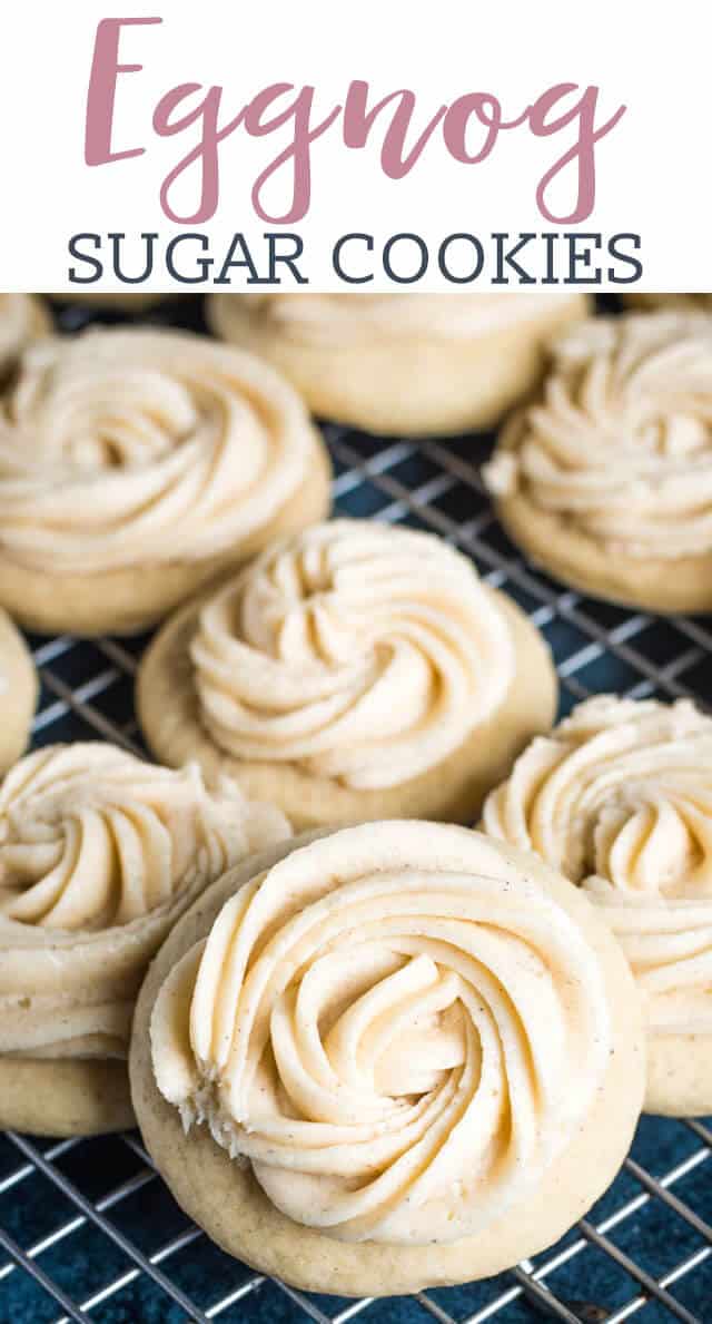 Frosted Eggnog Cookies are made with a soft sugar cookie recipe that's spiked with eggnog. The soft eggnog cookies have a swirl of eggnog frosting on top. #christmascookies #eggnog #recipes titled photo (and shown) Eggnog Sugar Cookies