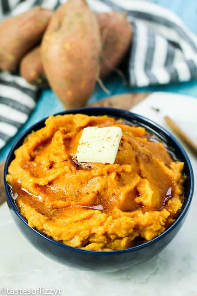bowl of mashed sweet potatoes with butter