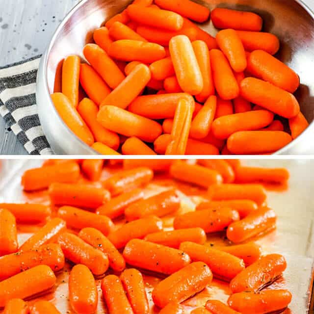 How to Make Oven Roasted Carrots honey-glazed roasted carrots on a baking sheet