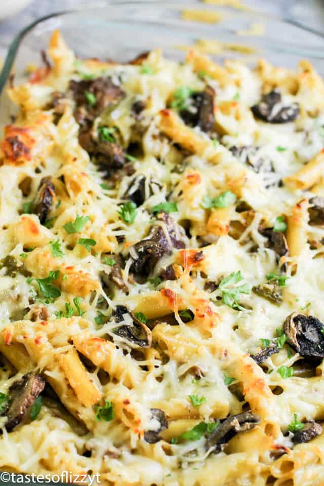 A close up of a cheesy pasta casserole