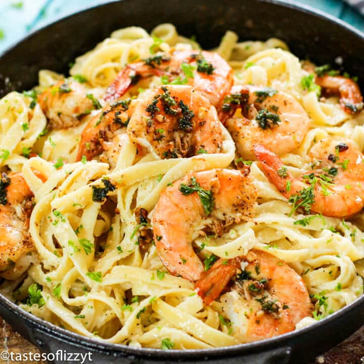 A bowl filled with Shrimp and Fettuccine
