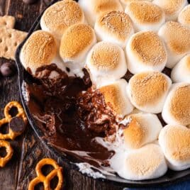 closeup of melted chocolate with toasted marshmallows on top