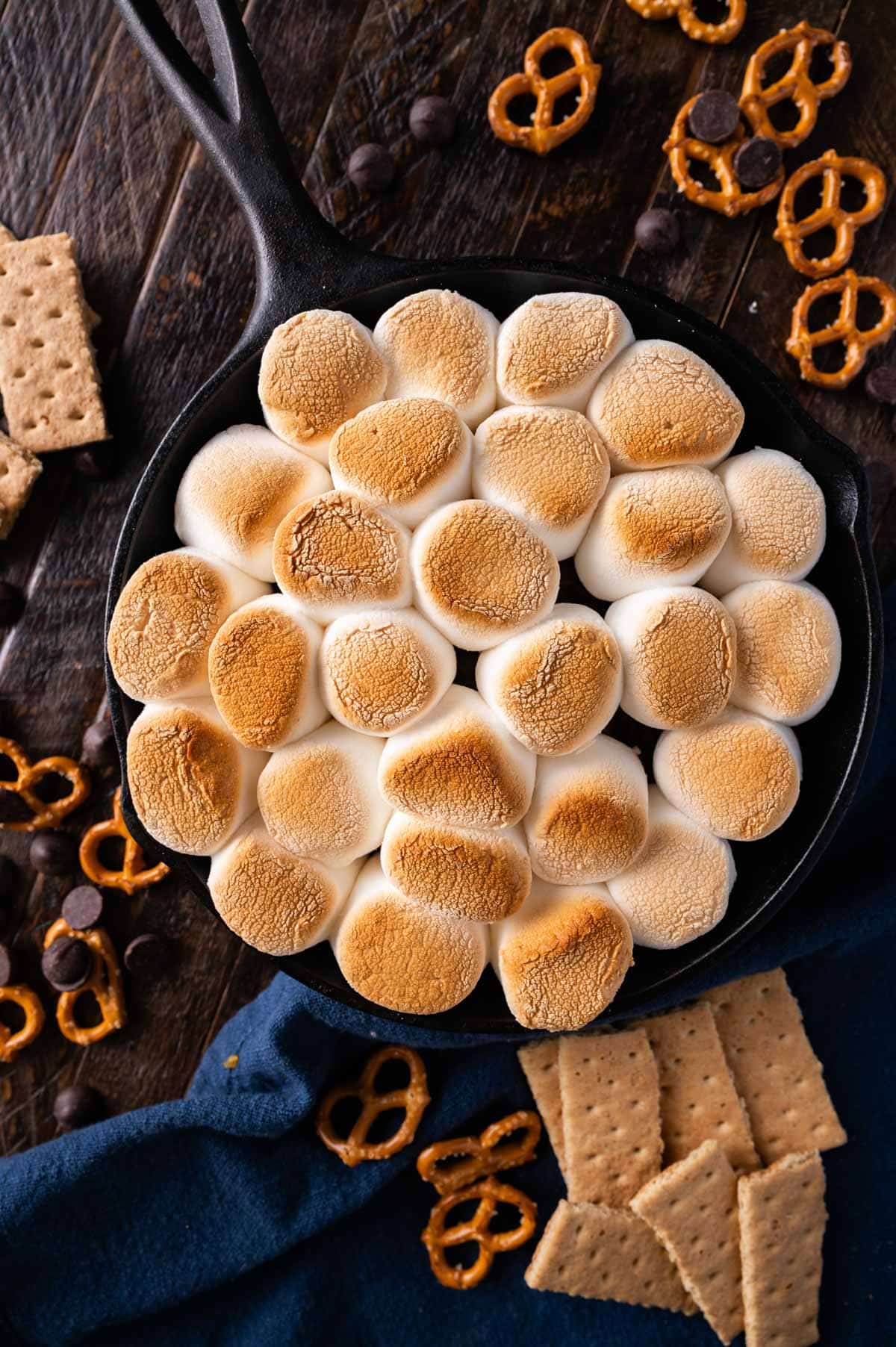 overhead view of s'mores dip in a skillet