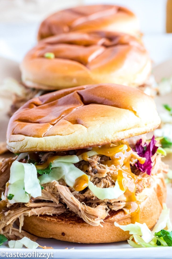 A close up of a sandwich on a plate, with Pulled pork