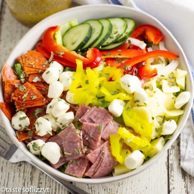 italian sub salad recipe in a large bowl