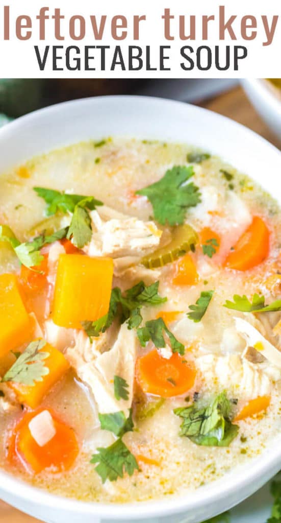 A bowl of soup with leftover turkey