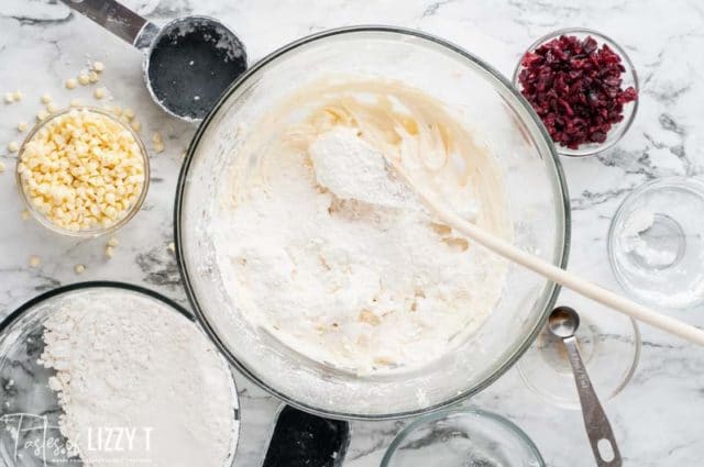 creamed butter and flour in a mixing bowl