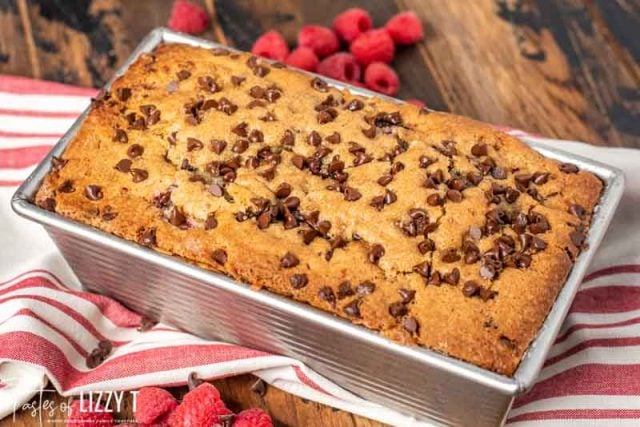 chocolate chip raspberry bread in a loaf pan