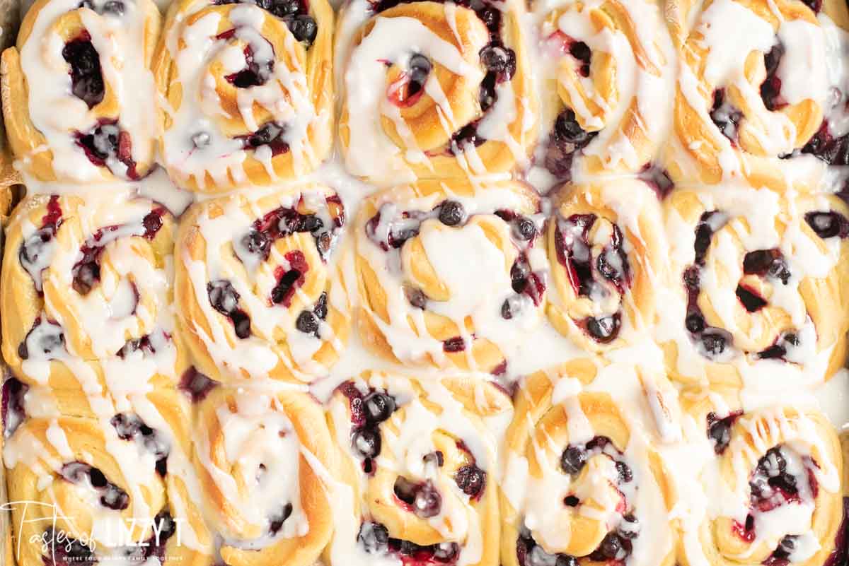 overhead view of glazed Lemon Blueberry Sweet Rolls