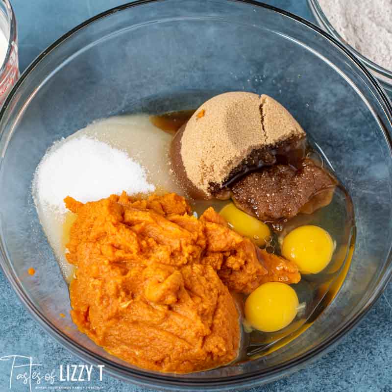 wet ingredients for pumpkin bread in mixing bowl