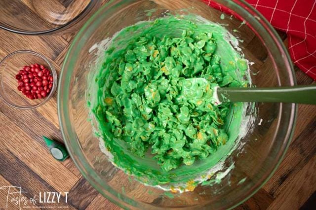 green cornflake cookie mixture in a bowl