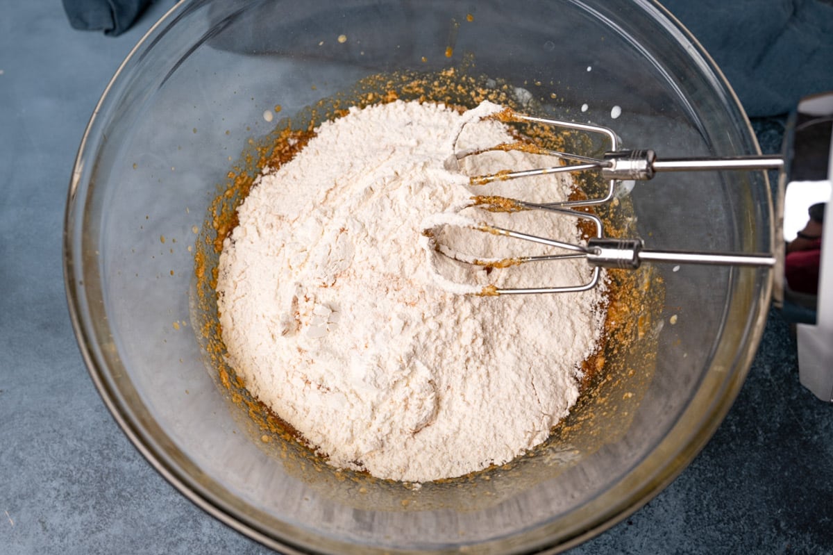 dry ingredients over wet ingredients in a bowl