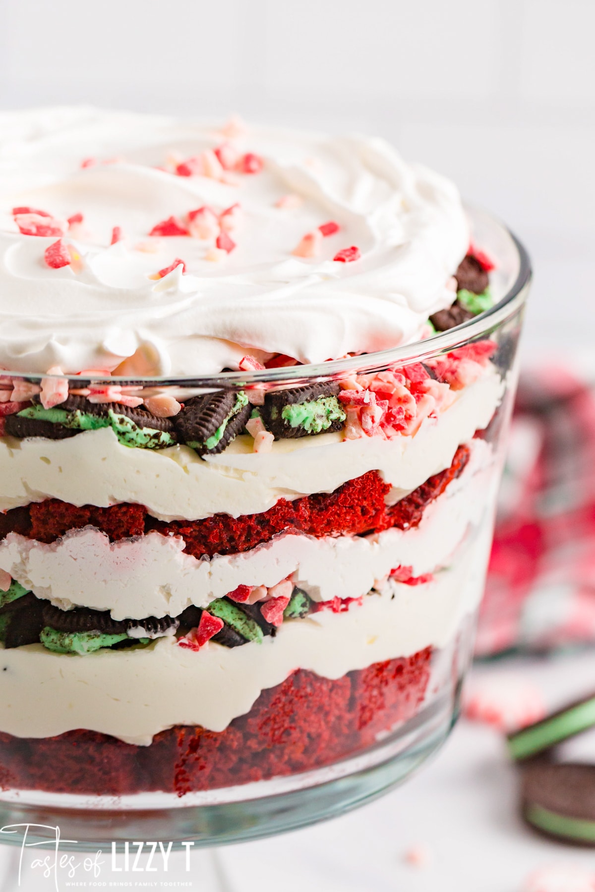 closeup of peppermint cheesecake trifle