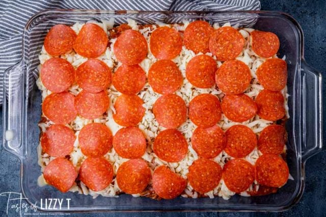 unbaked pizza casserole in a pan