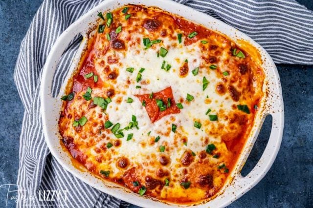 overhead view of ravioli lasagna bake