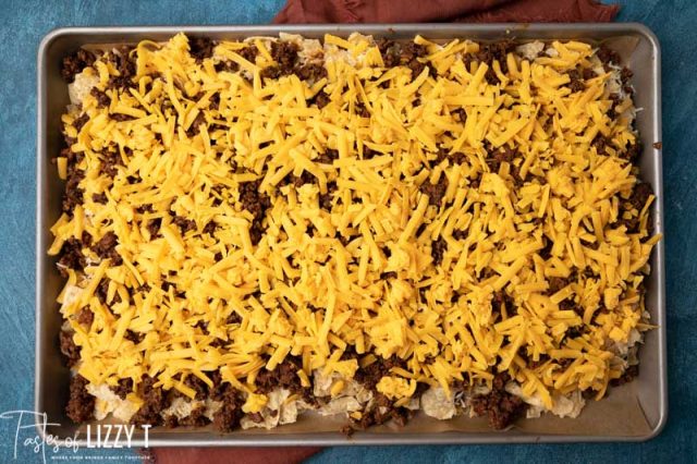 overhead shot of unbaked tortilla chip pizza