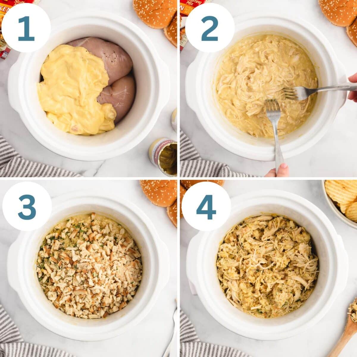 collage of how to make shredded chicken sandwiches