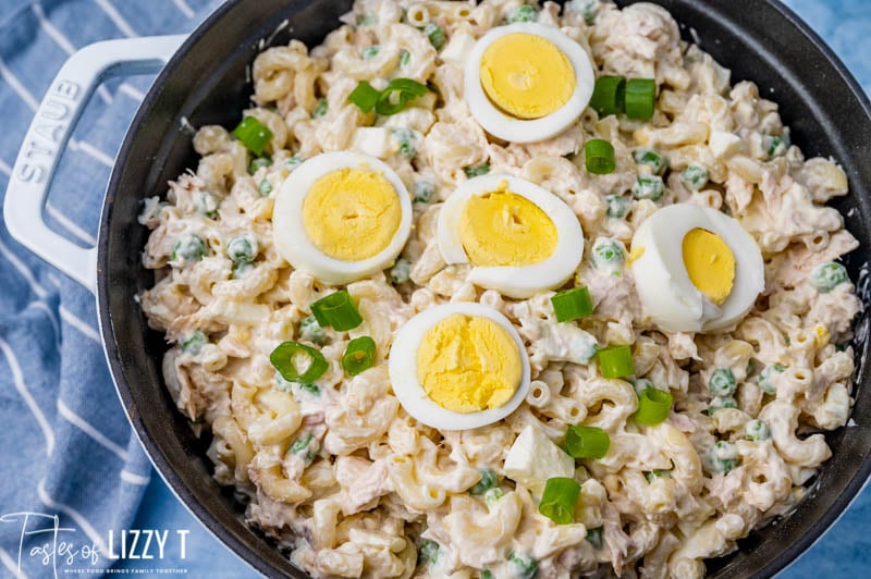 a pan of macaroni salad with hard boiled eggs