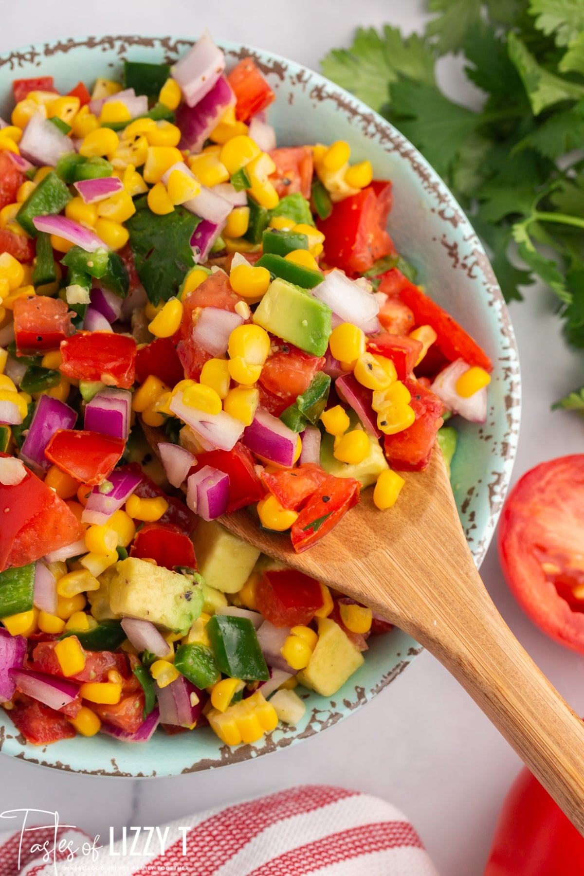 closeup of corn tomato avocado salsa