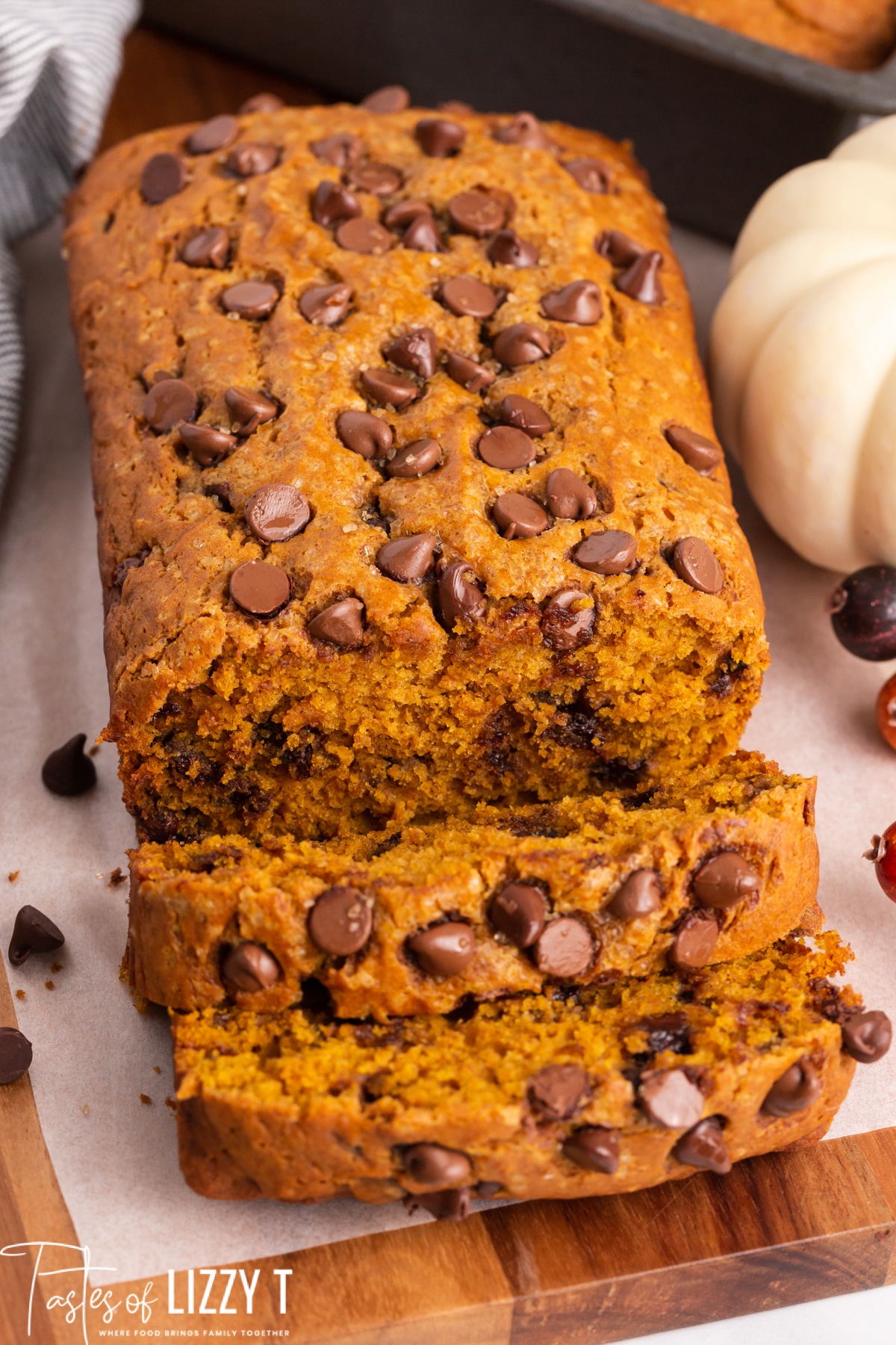 loaf of pumpkin bread with chocolate chips on a table