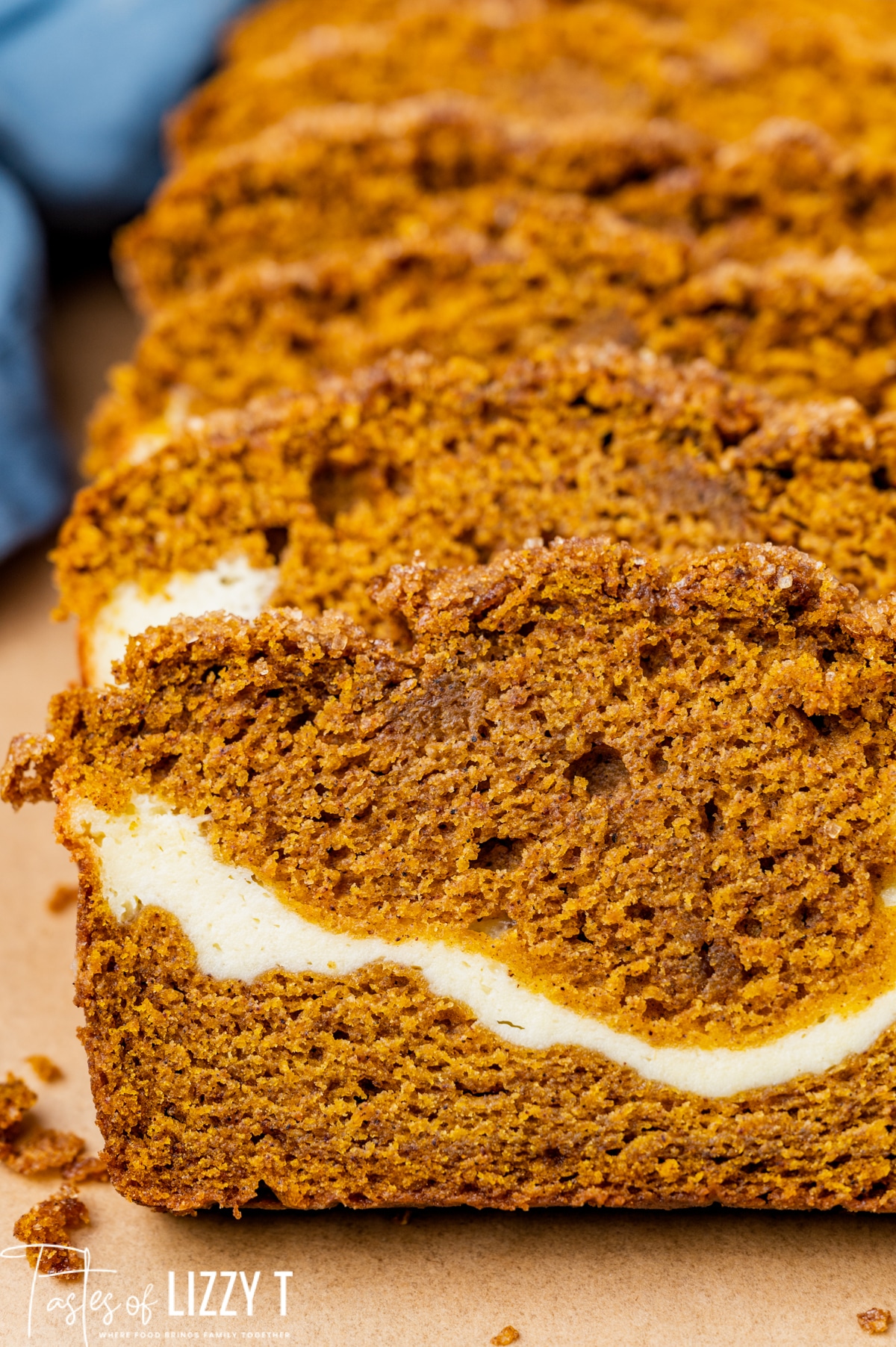 closeup of sliced pumpkin bread on a table