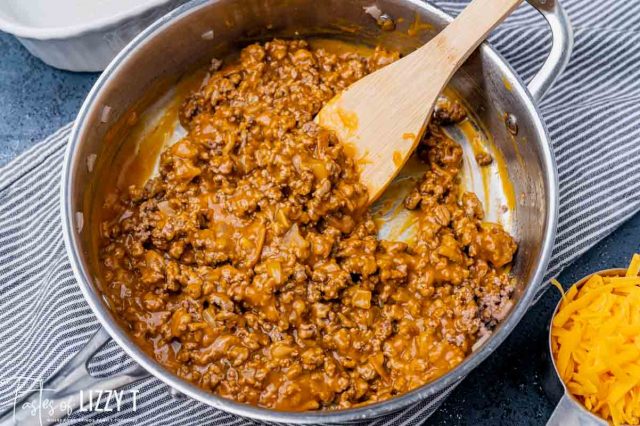 ground beef with cream of mushroom soup in a skilet