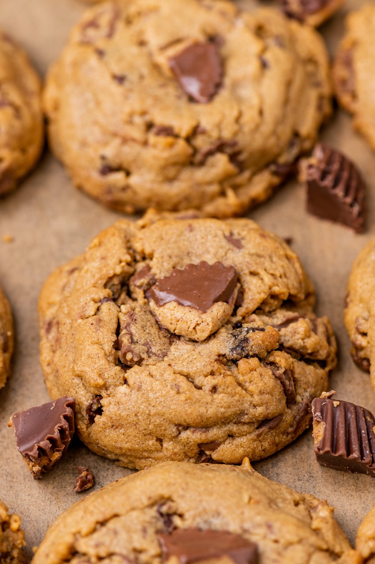cookies with reese's cups on a baking sheet