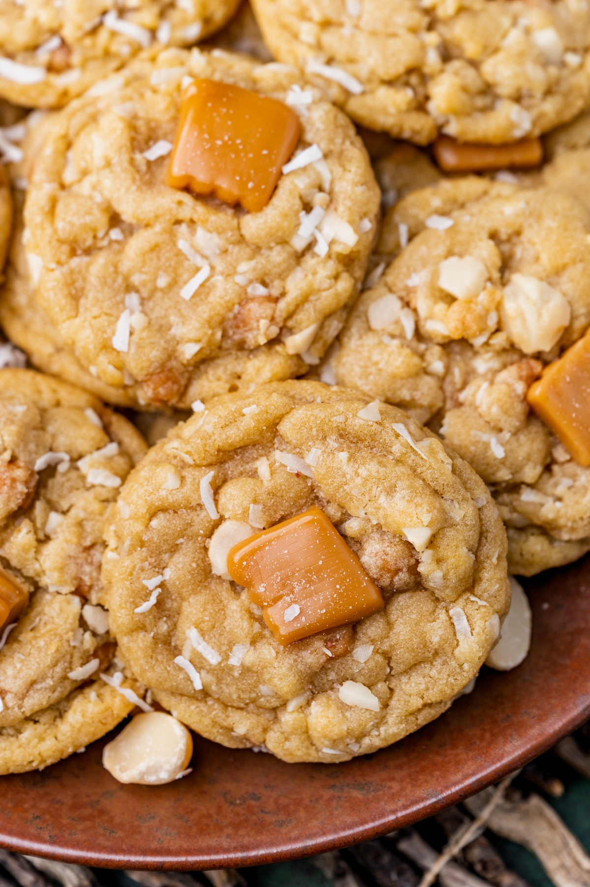 plate full of caramel coconut cookies