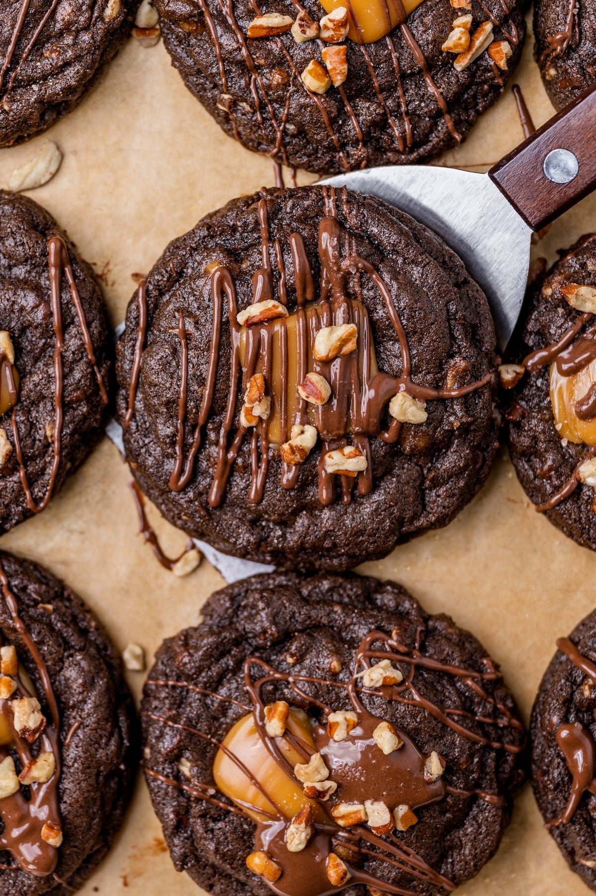double chocolate cookies with caramel and pecans