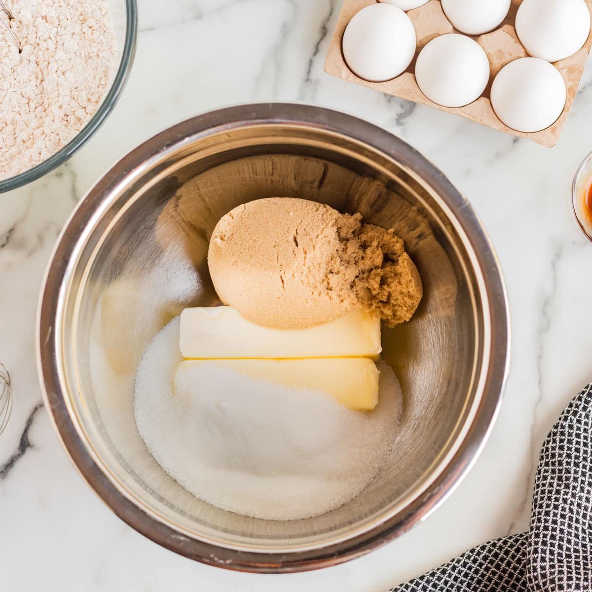 butter, brown sugar and white sugar in a bowl