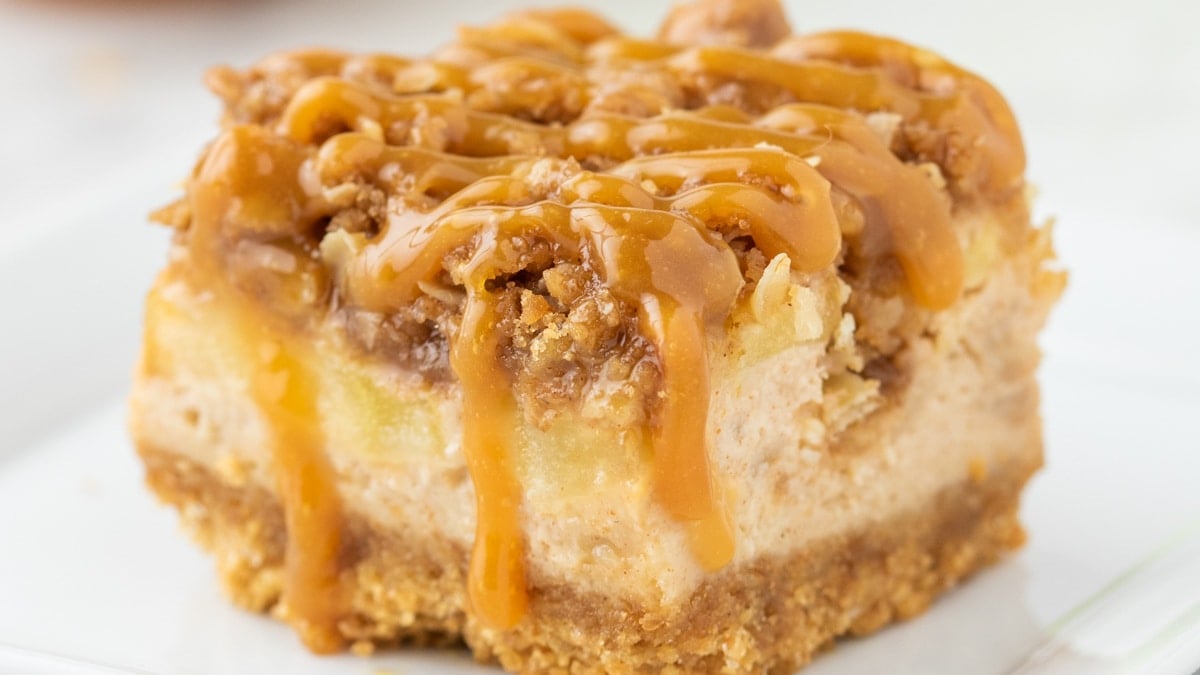 closeup of a caramel apple cheesecake bar